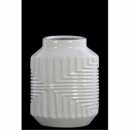 H2H Ceramic Short Cylindrical Vase with Interesecting Lines Design Body, White H22674405